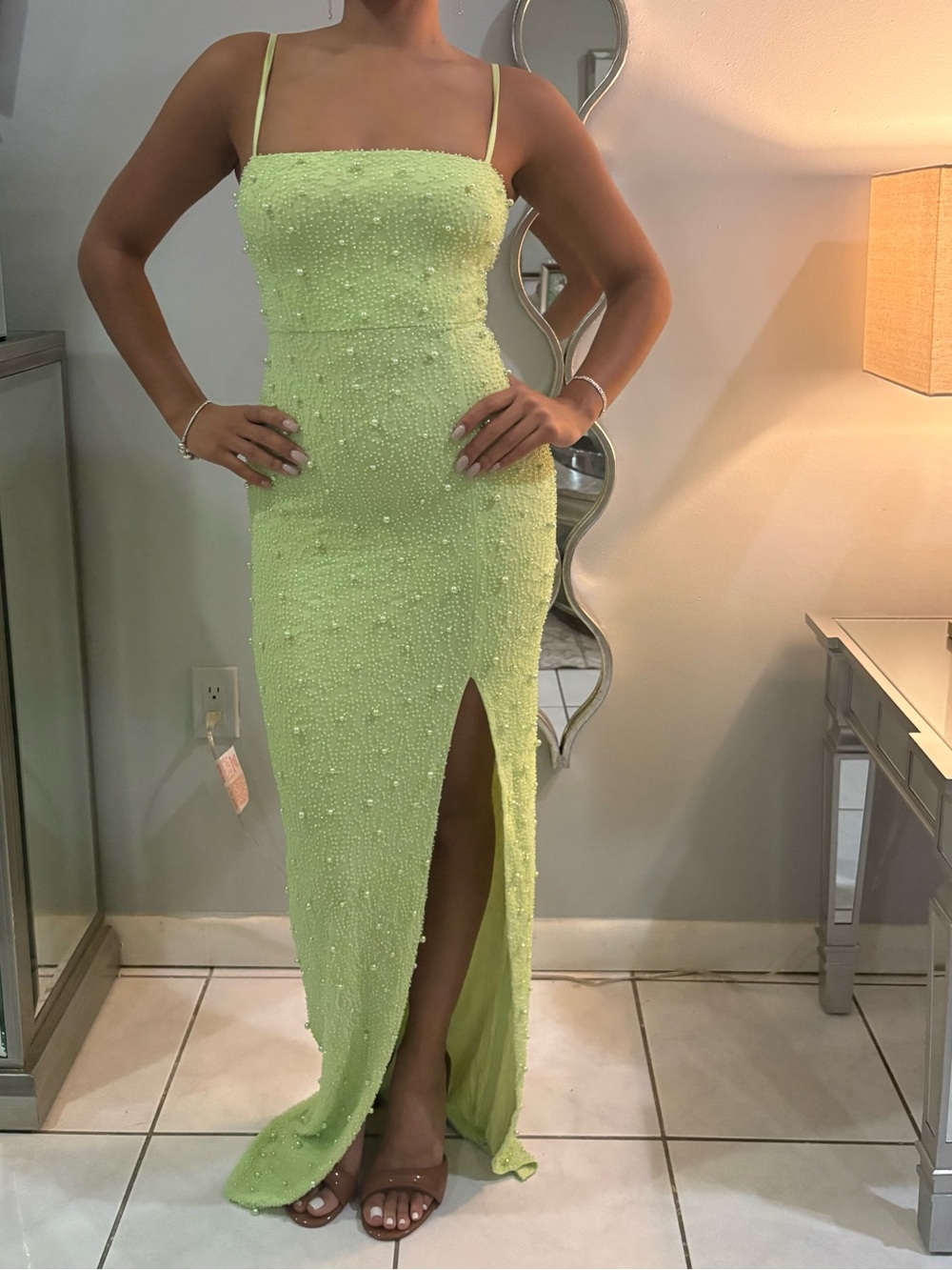 Lime Beaded Spaghetti-Strap Prom Gown